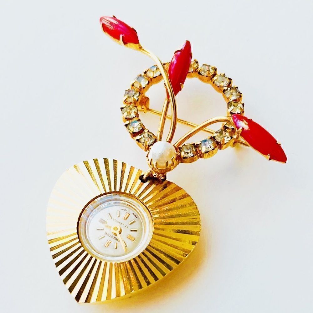 Vintage Rhinestone Brooch Pin With Watch Pendant - Picture 10 of 14